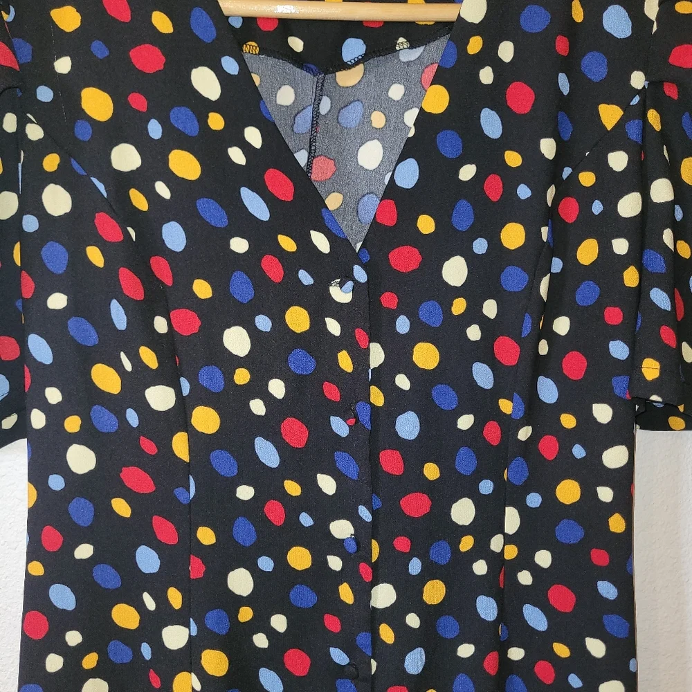 Rihoas Polka Dot Midi Dress Slim Tie Back XL Button Front Fit Flare Black S/S - Picture 10 of 11